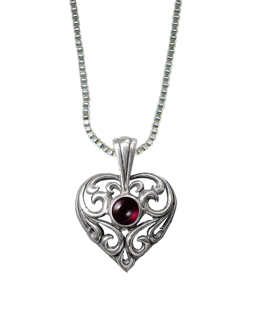 Sterling Silver Exceptional Filigree Heart Pendant With Garnet